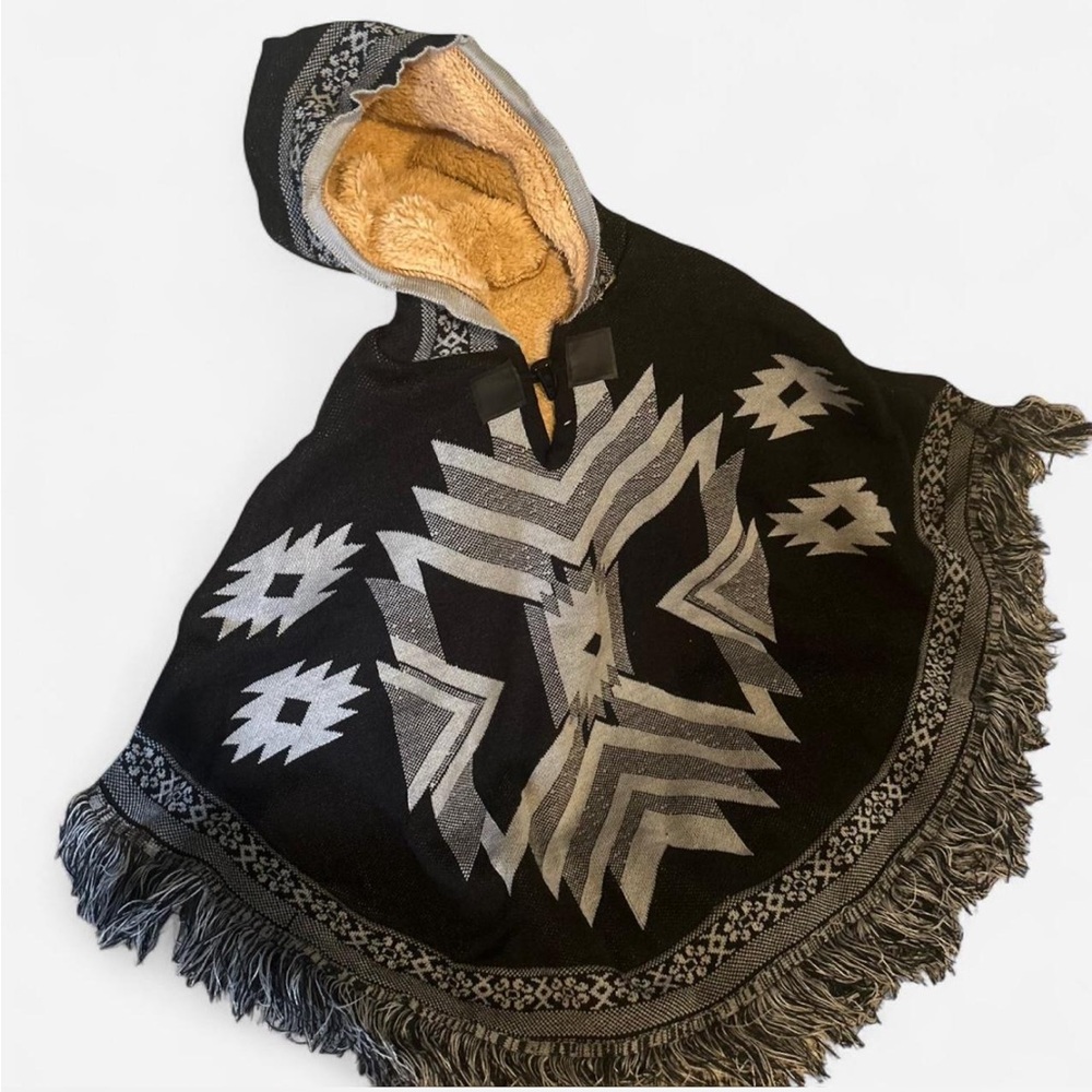 Black Aztec Hooded Poncho with Faux Sherpa Lining